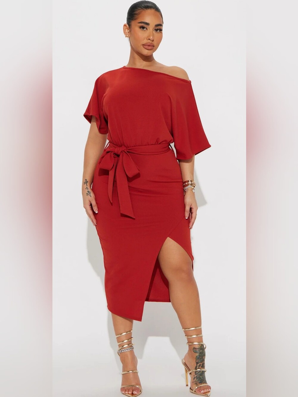Off-Shoulder Rust Wrap Midi Dress with Waist Tie